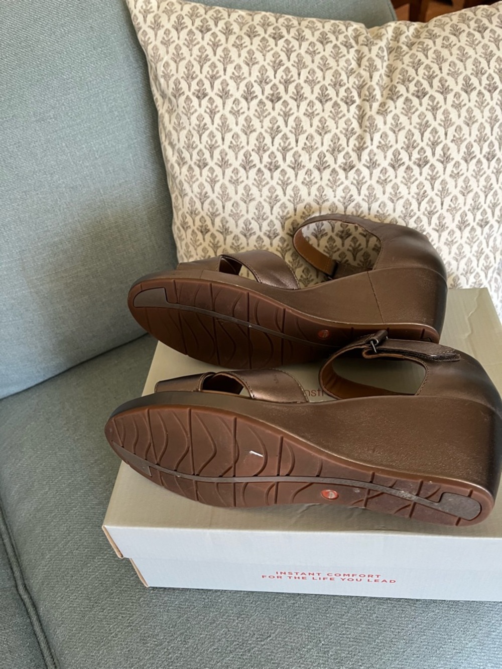 Clarks Metallic Bronze Wedge Sandals with Ankle Strap - Picture 3 of 4